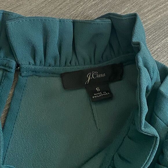 J. Crew Ruffle Blouse Dark Green Golden Buttons Small Academia Chic - Picture 3 of 7